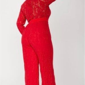 Fashion Nova Red Lace Wide-Leg Jumpsuit